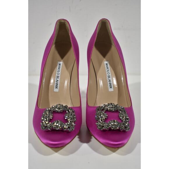 Manolo Blahnik Hangisi 105 Purple Pink Satin Crystal Jewel Buckle Heel Pump 38 - Picture 6 of 13